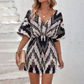 Clothing Printed V Neck One Piece Sleeve Loose Version Back Bandage Bow Jumpsuit Shorts Top