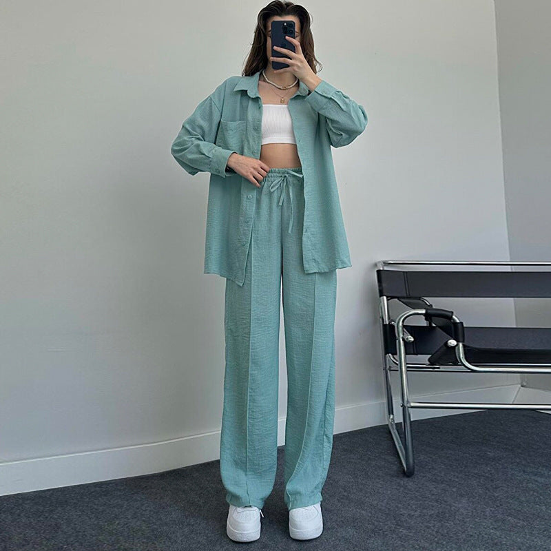 Suit Autumn Winter Long Sleeved Shirt Pleated Elastic Waist Pants Two Piece Set