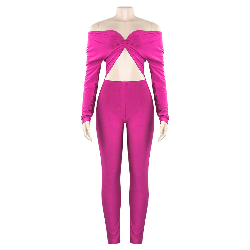 Autumn Color V Neck Twist Hollow Out Cutout Cropped High Waist Long Sleeve Jumpsuit