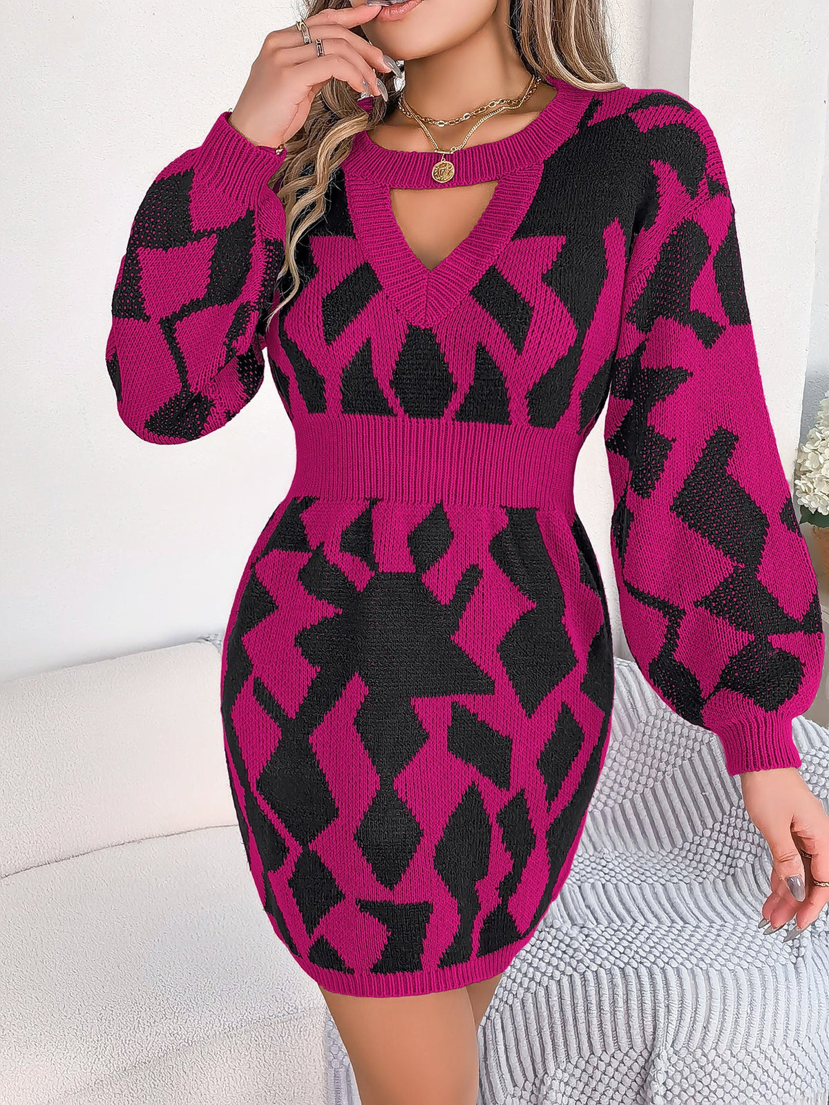 Autumn Winter Color Matching Hollow Out Cutout Out Lantern Sleeve Fitted Waist Sweater Dress Clothing