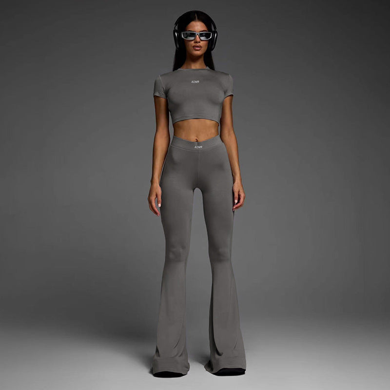 Sports Basic Pullover Cropped Short Sleeve Top High Waist Flared Pants Yoga Two Piece Set