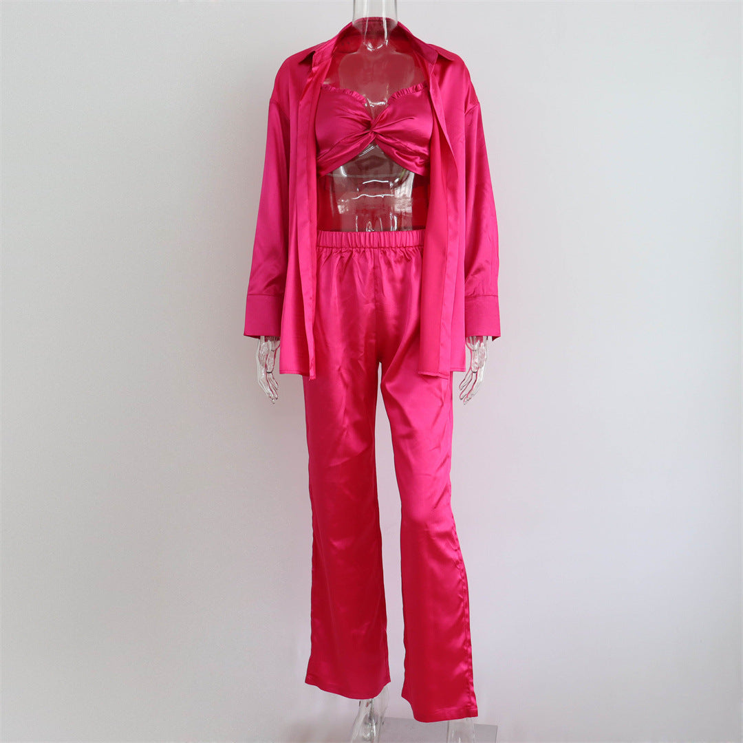 Spring Autumn Satin Three Piece Set Clothing Satin Wrapped Chest Vest Shirt Pants Set