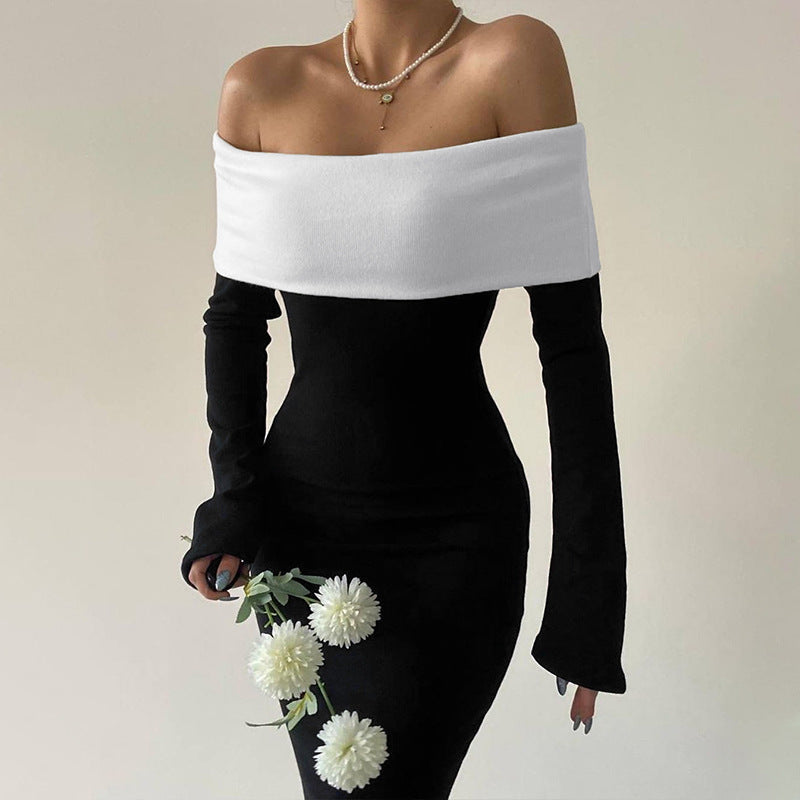 Clothing Autumn Winter Contrast Color Off Shoulder Long Sleeve Waist Slimming Maxi Dress