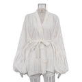 Cotton Lace Up Loose Long Sleeve Cardigan Top Shorts Two Piece Sets