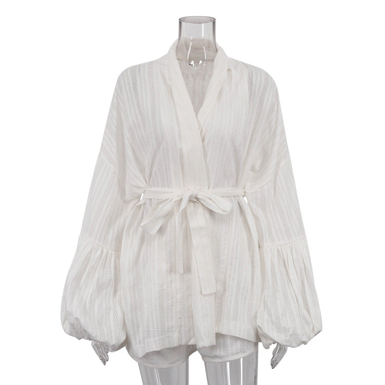 Cotton Lace Up Loose Long Sleeve Cardigan Top Shorts Two Piece Sets