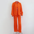 Summer Suit Clothing Pleated Long Sleeve V Neck Shirt Pants Two Piece Set