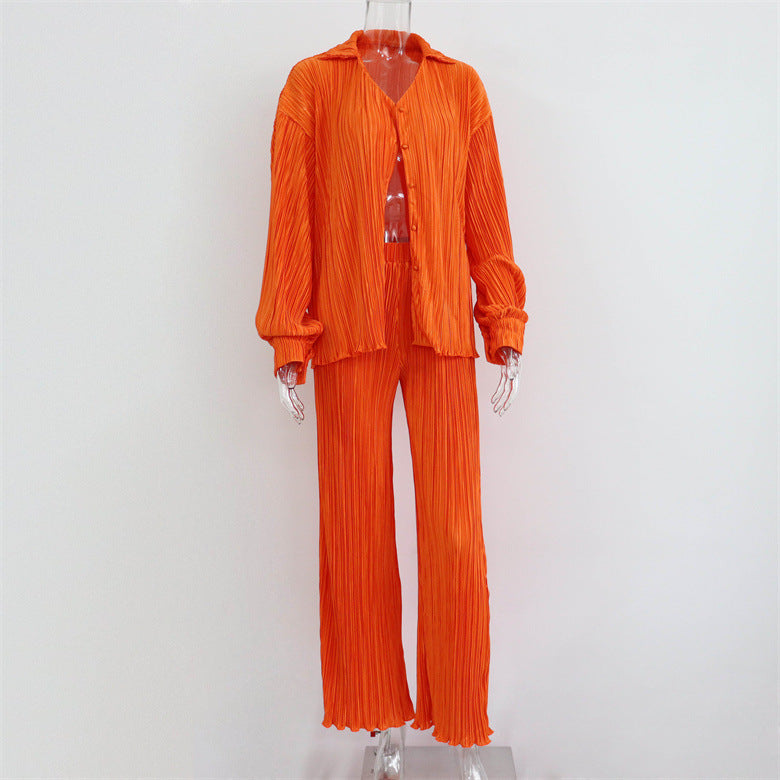 Summer Suit Clothing Pleated Long Sleeve V Neck Shirt Pants Two Piece Set
