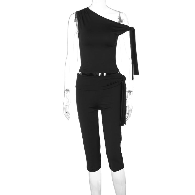 Clothing Summer Street Shooting Diagonal Collar Sleeveless Top Slim Fit Tied Shorts Suit