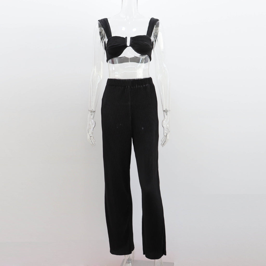 Clothing Spring Summer Two Piece Suit Pleated Backless Vest Straight Pants Suit for