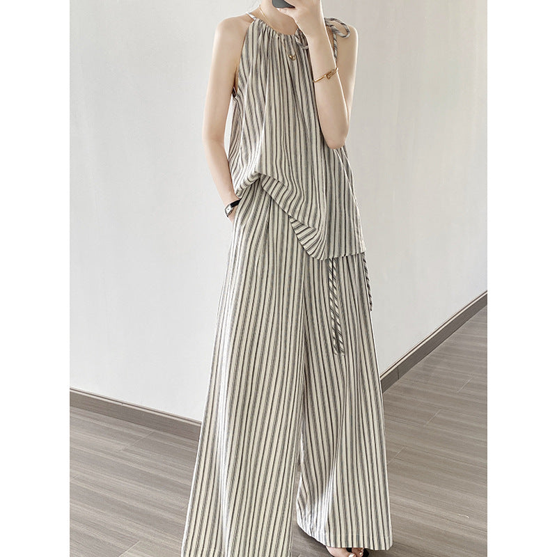 Retro Striped Suit Summer Suspender Top Wide Leg Pants Two Piece Set