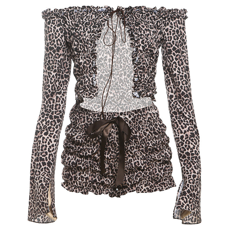 Autumn Winter Clothing Lacing Leopard Print Long Sleeve Cardigan Pleated Slim Shorts Two Piece Set for
