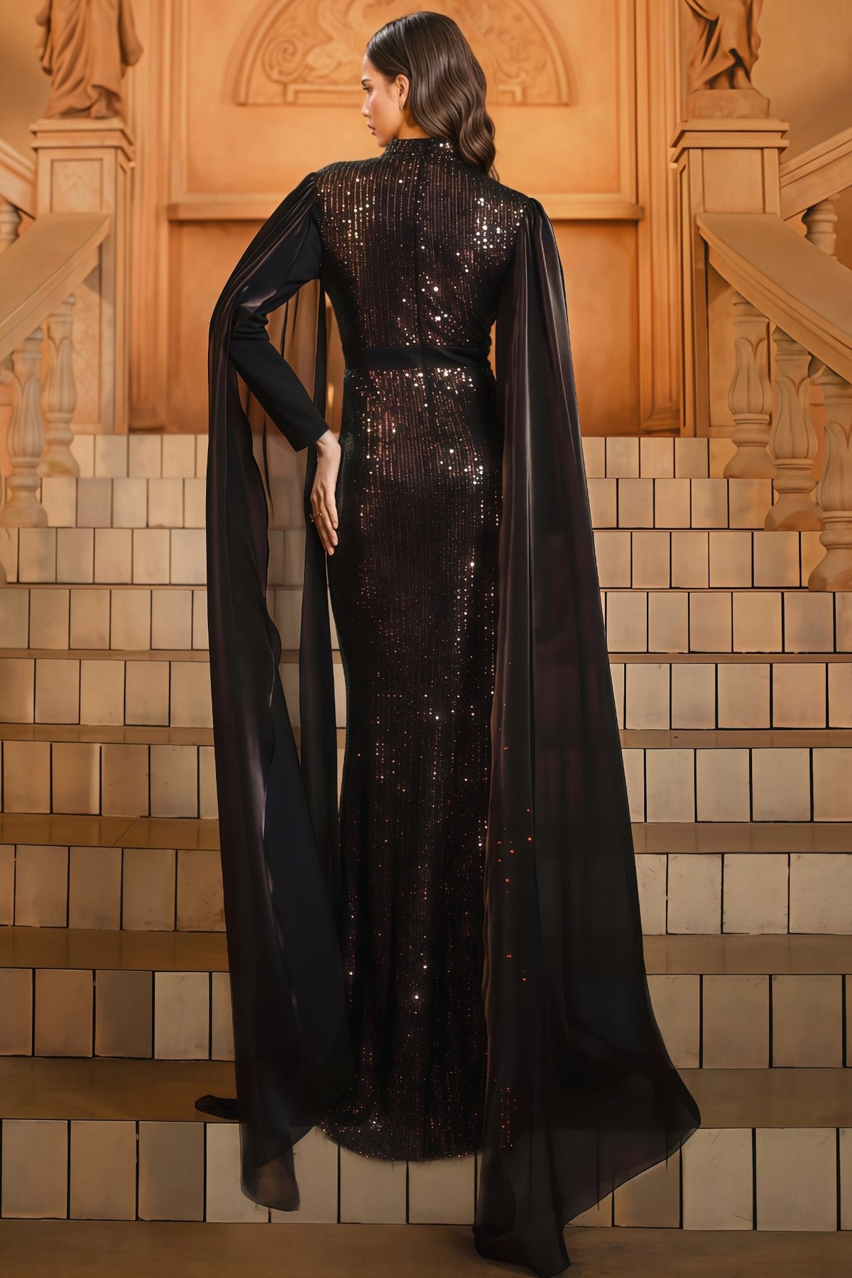 Mirt Black Round Neck Sequin Maxi Dress