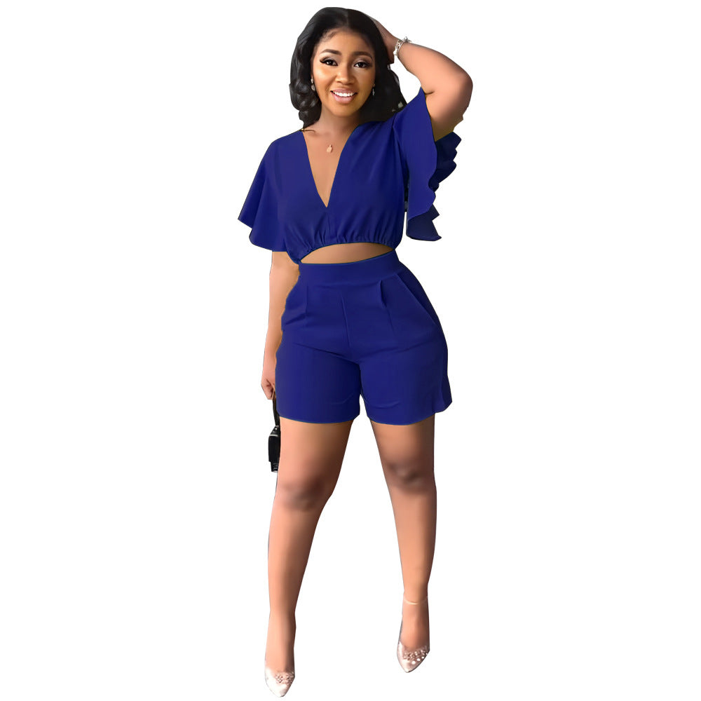 Ruffled Short V Neck Top Shorts Summer Two Piece Set