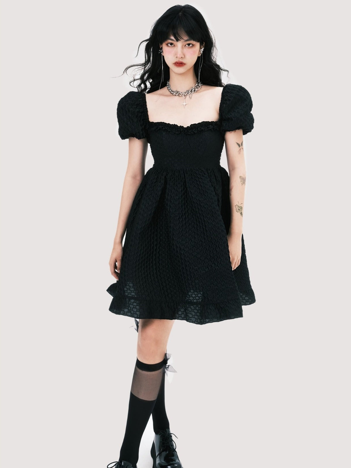 Square Neck Puff Sleeve Jacquard Dress