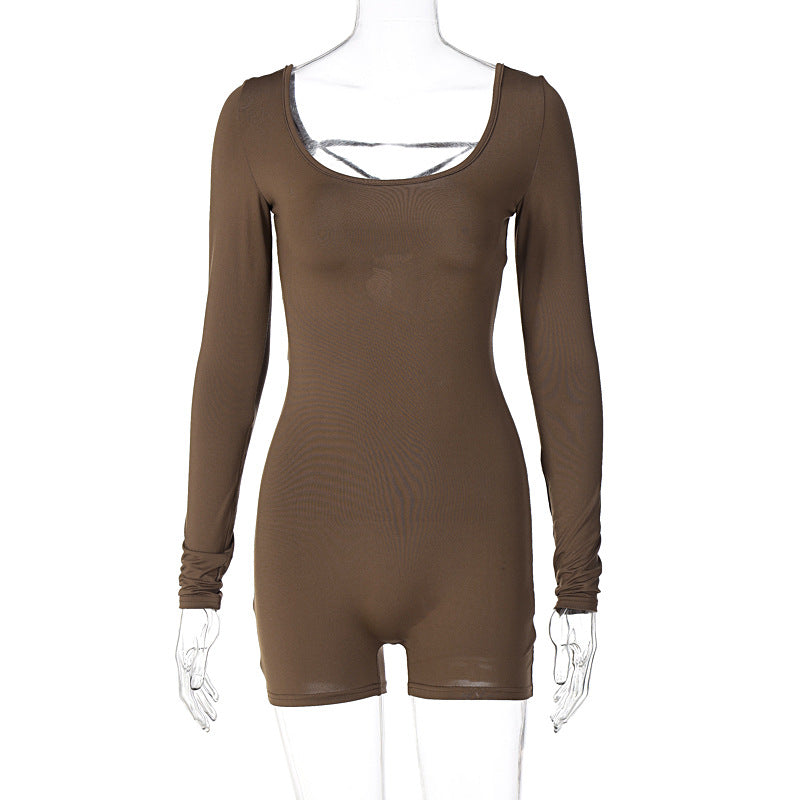Clothing Summer Long Sleeve U Collar Lace Backless High Waist Hip Lifting Sport Yoga Jumpsuit