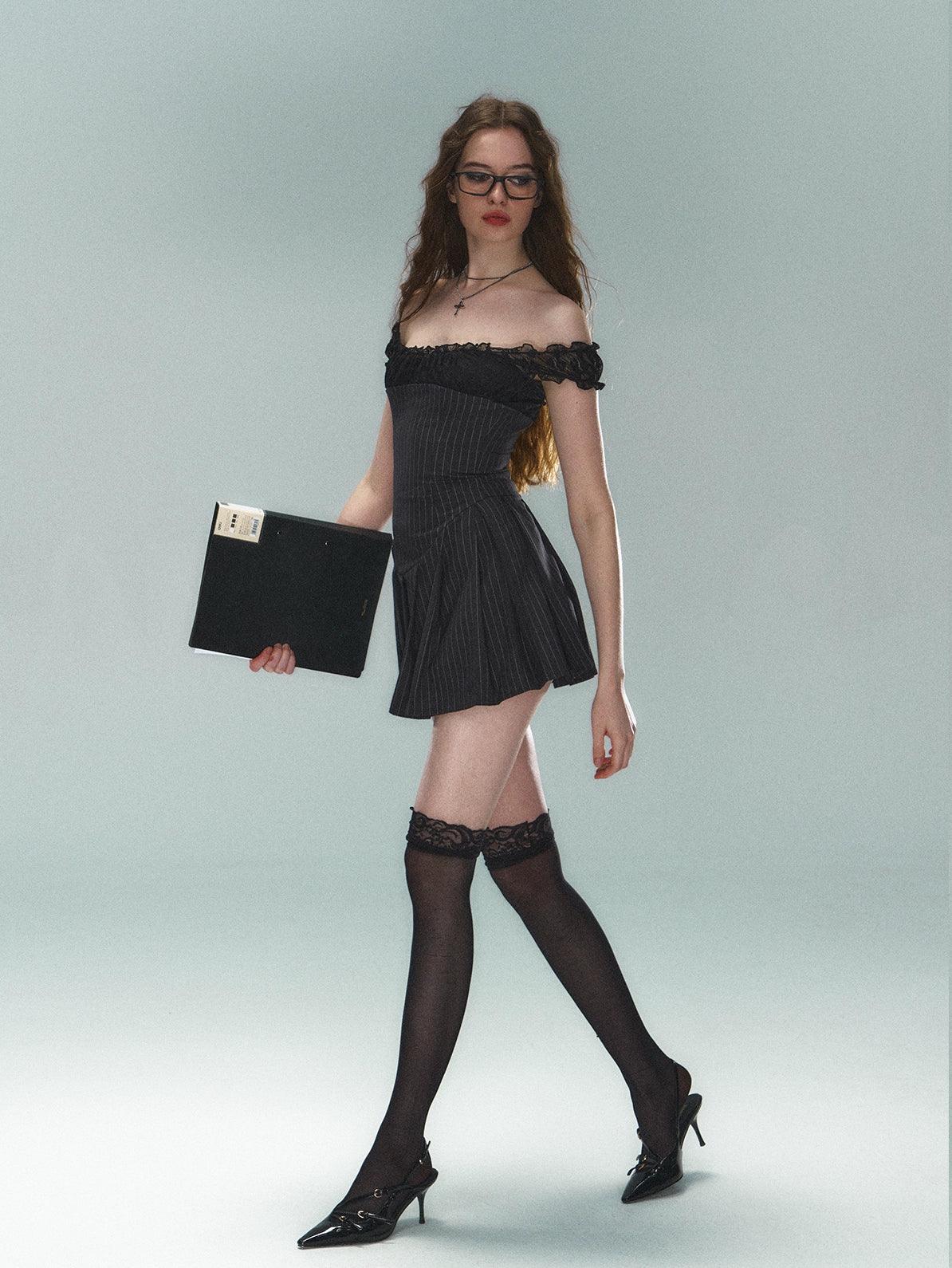 Pinstripe Lace-trim Mini Dress - Cap Sleeve Square Neck Fit and Flare Cocktail Dress