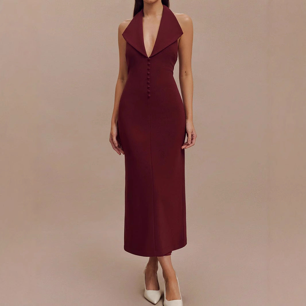 Clothing Backless V Neck Midi Dress Skinny Sheath Split Halter Dress
