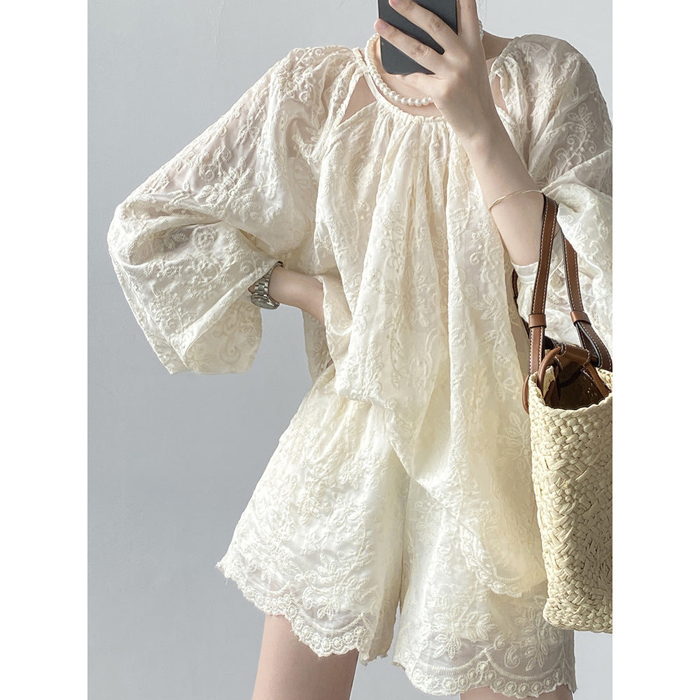 Tencel Embroidery Long Sleeve Set Summer Embroidery Top Shorts Two Piece Set