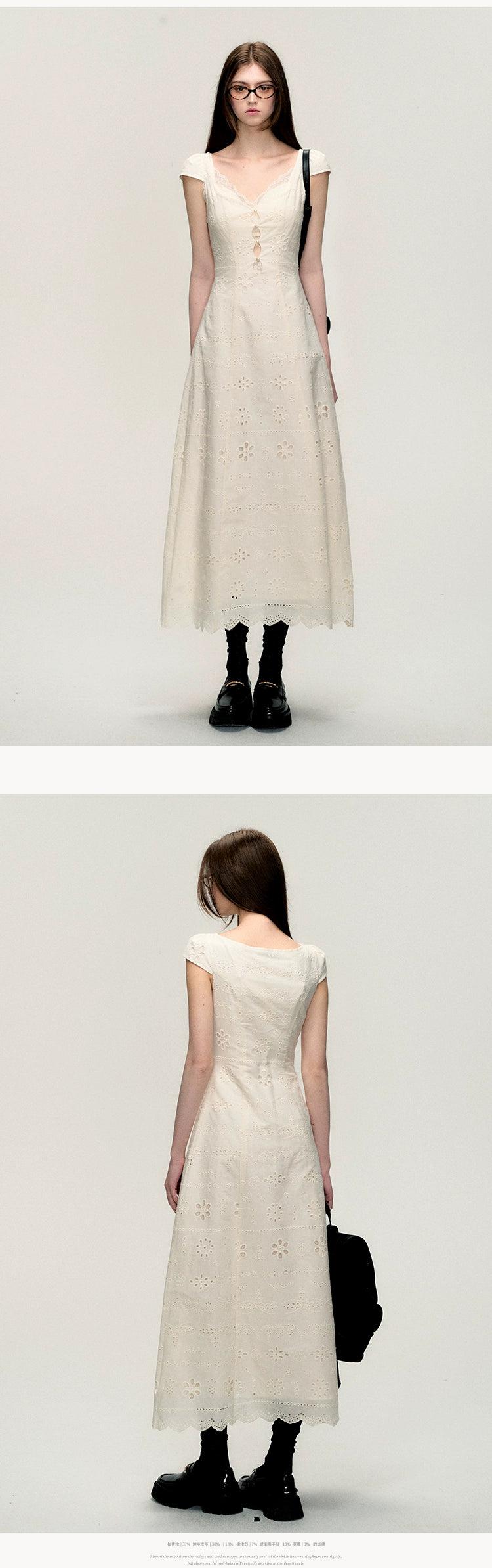 Oakmoo Off-white Cotton Eyelet Lace Sweetheart Dress