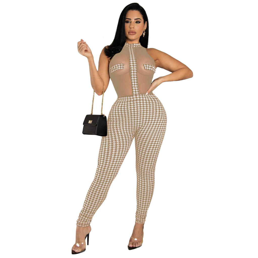 Clothing Summer Club Sleeveless Houndstooth Knitting Threads See-through Jumpsuit