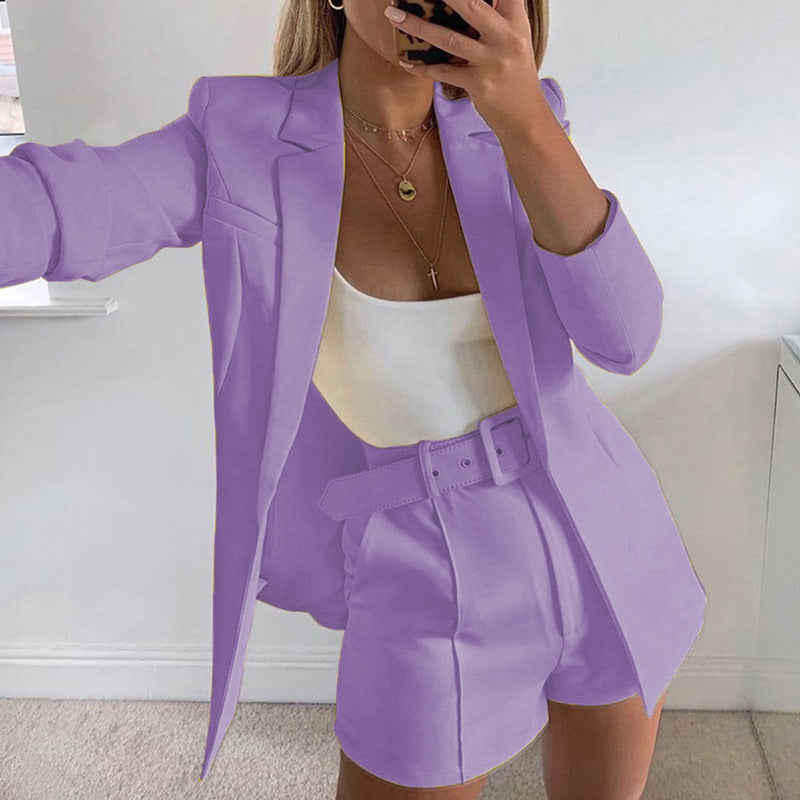 Top Shorts Suit With Belt Polo Collar Cardigan