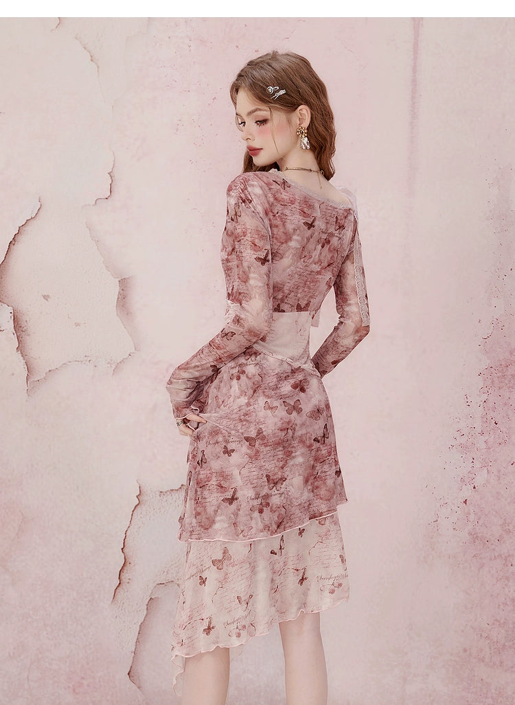 Pink Long Sleeve Midi Dress
