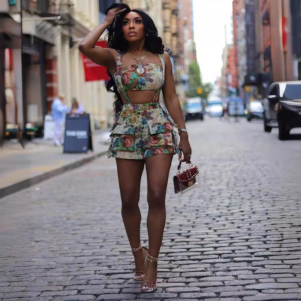 Clothing Street Retro French Court Tube Top Tassel Suspender Shorts Set