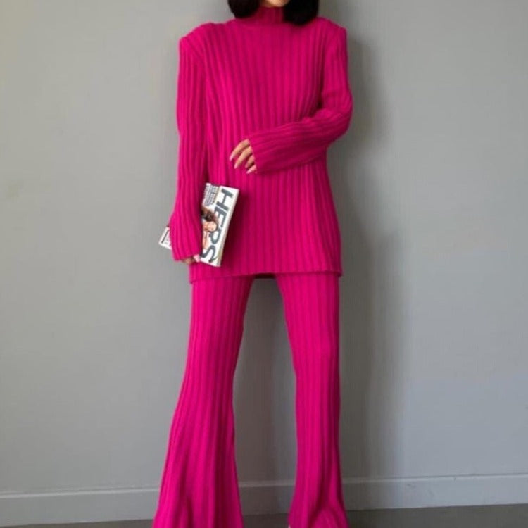 High Neck Ribbing Knitting Set Autumn Winter Pullover Sweater Pants Woolen Two Piece Set