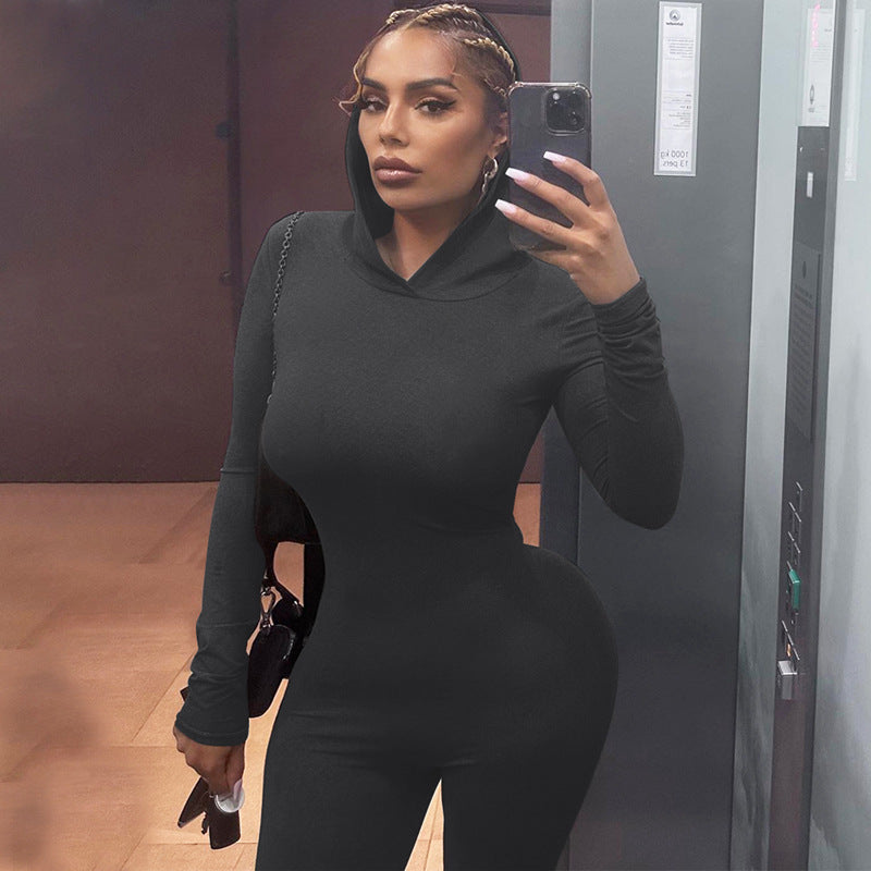 Clothing Winter Color Long Sleeve Hooded Backless Slim Fit Sports Jumpsuit