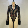 Lace Stitching Deep V Plunge Long Sleeve Top Slim Fit See Through High Waist Flared Pants Sets