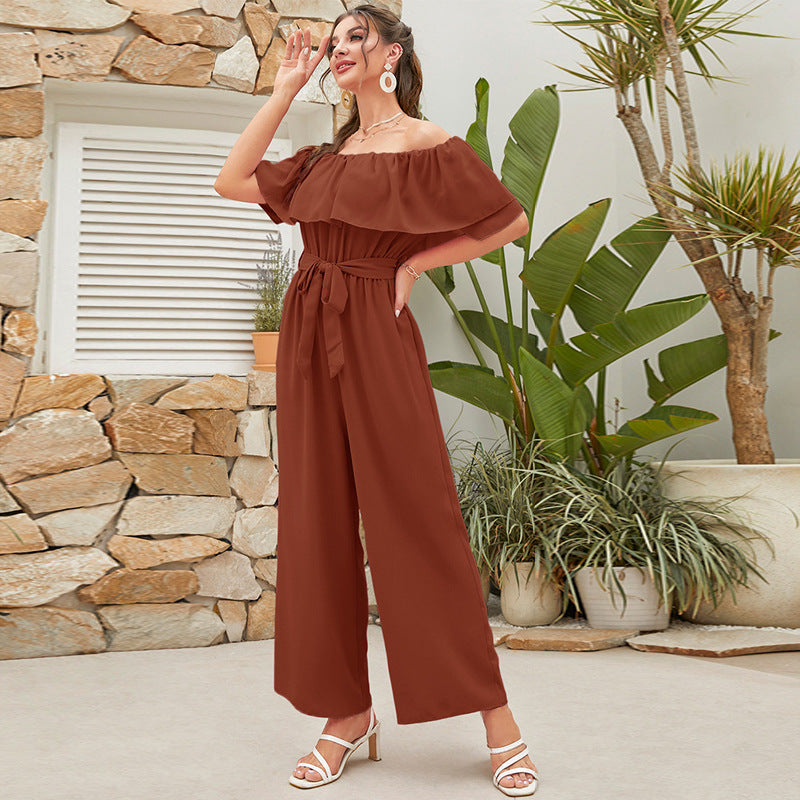 Clothing Summer Off Shoulder Ruffle Sleeve Lace Up Cropped Wide Leg Pants