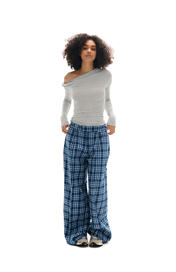 Wide-leg Plaid Pants