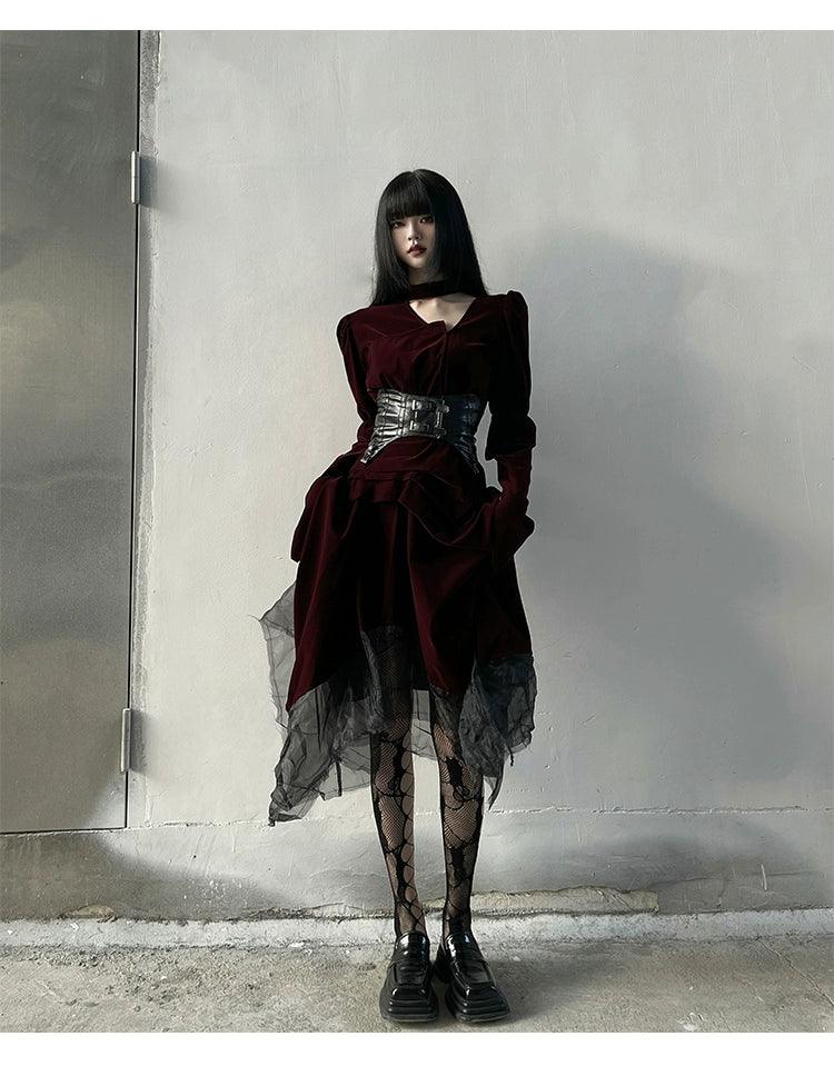 Ladyghost Gothic Victorian Maxi Dress - Burgundy Velvet and Black Mesh Layered Gown With Corset Belt