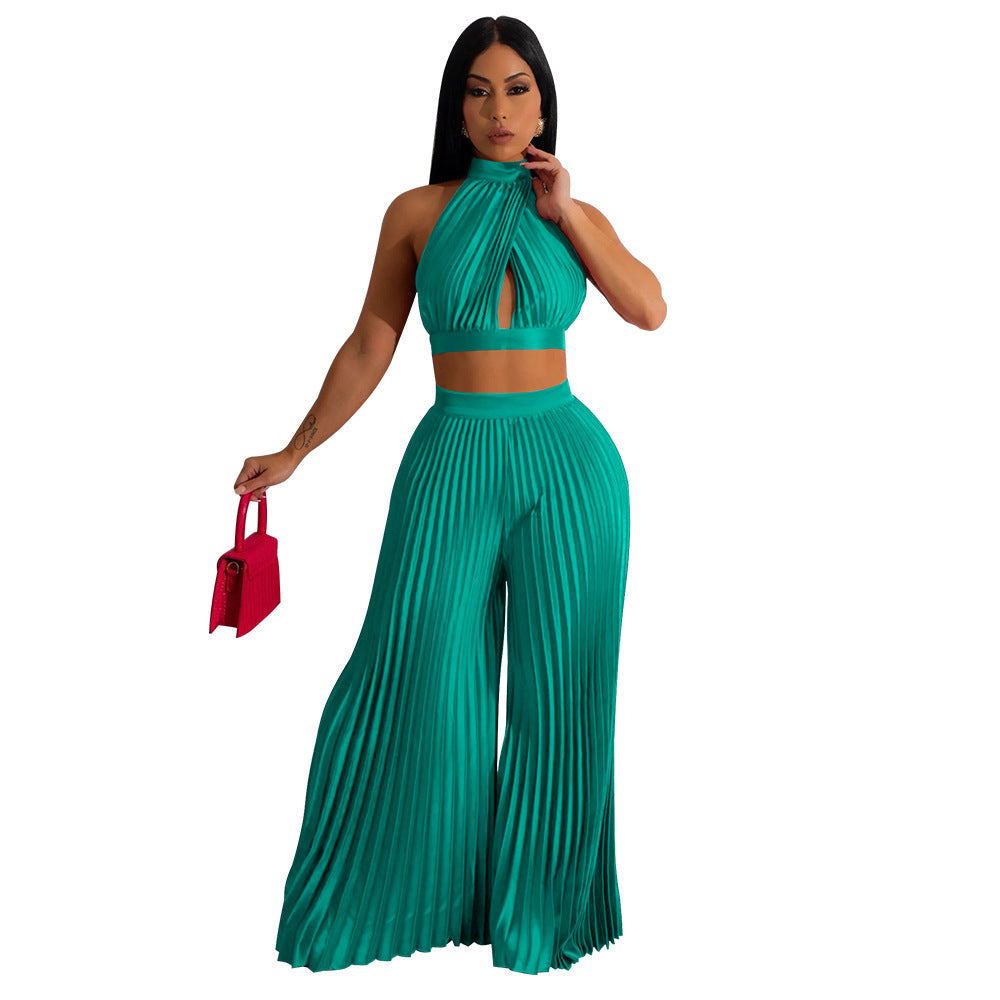 Clothing Halter Backless Artificial Silk Pleated Wide Leg Pants Two Piece Set