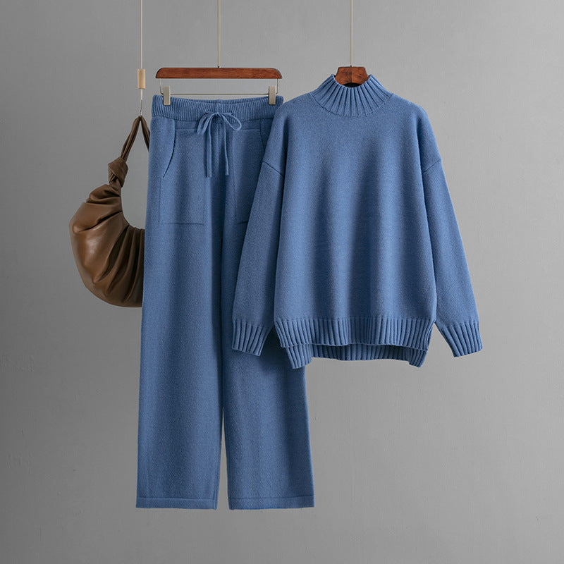 Cold Proof Knitted Suit Thick Loose Sweater Half High Collar Long Sleeves Two Piece Suit