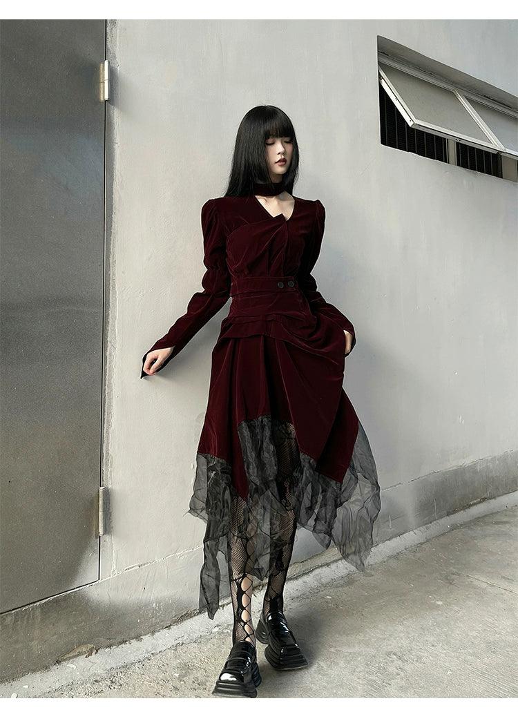 Ladyghost Gothic Victorian Maxi Dress - Burgundy Velvet and Black Mesh Layered Gown With Corset Belt