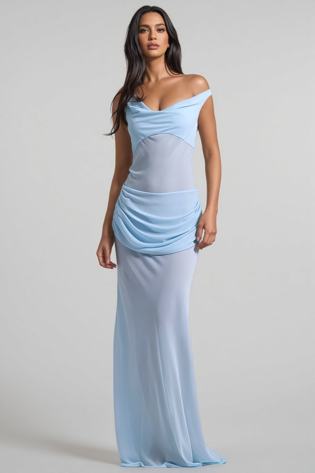Lzada Blue Off Shoulder Waist Cinched Maxi Dress