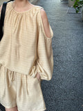 Texture Hollow Out Cutout Out Shoulder Baring Sun Protection Tencel Top Shorts Two Piece Set Suit Summer