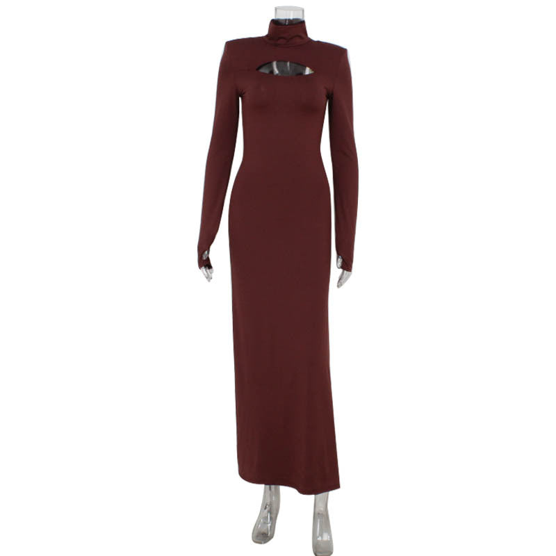 Autumn Winter Chest Hollow Out Cutout Out Long Sleeve Slim Fit Color Dress Maxi Dress