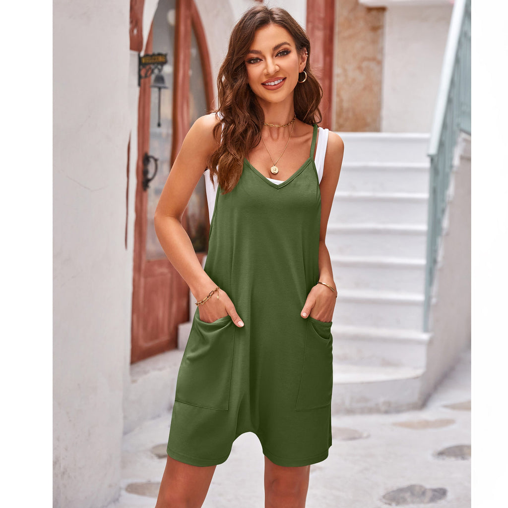 Clothing Summer Pocket Spaghetti Straps Knitted Shorts Jumpsuit Suspender Pants