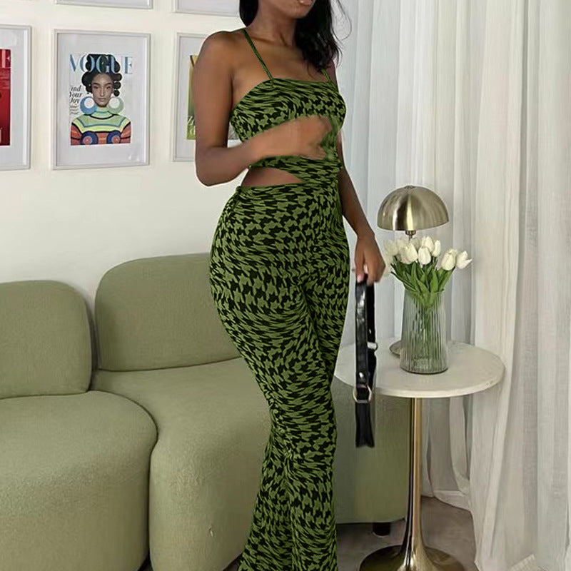 Suit Green Printing Vest Wide Leg Pants Two Piece Suit