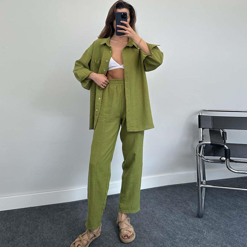 Suit Autumn Winter Long Sleeved Shirt Pleated Elastic Waist Pants Two Piece Set