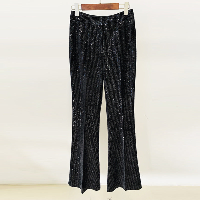 Goods Gold Velvet Sequined Double Breasted Blazer Slim Fit Skinny Pants Set