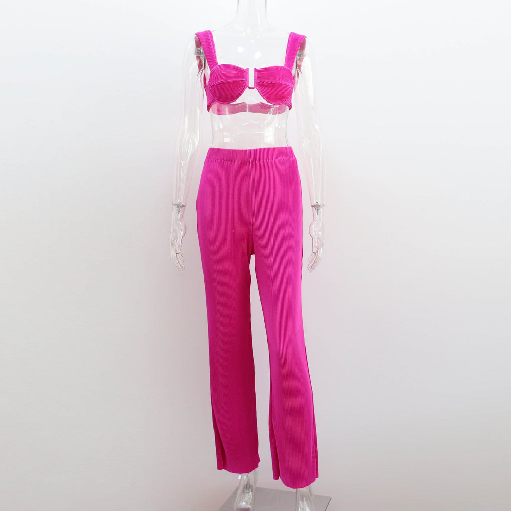 Clothing Spring Summer Two Piece Suit Pleated Backless Vest Straight Pants Suit for