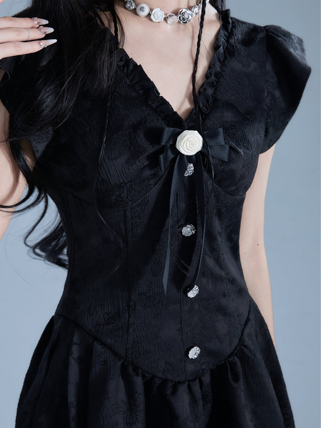 -inspired Black Flutter Sleeve Mini Dress With Button Front