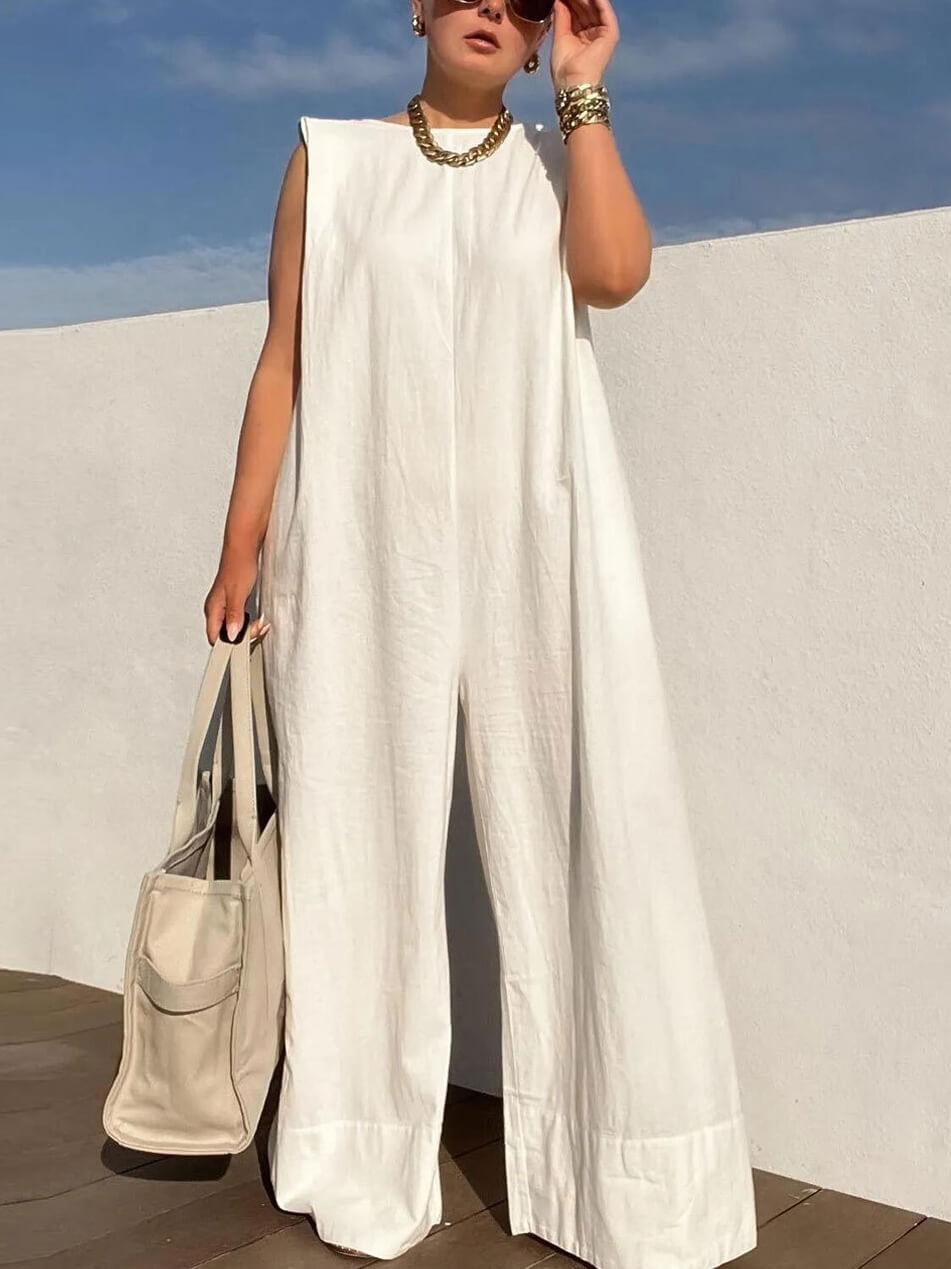 Color Loose Sleeveless Round Neck Wide Leg Trousers Jumpsuit
