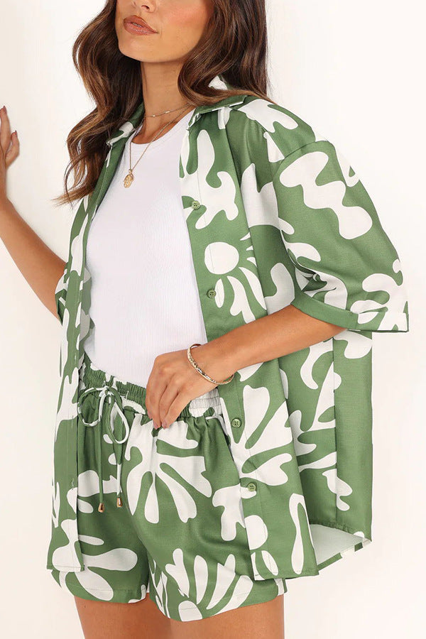 Clothing Polo Collar Printed Short Top Shorts Set