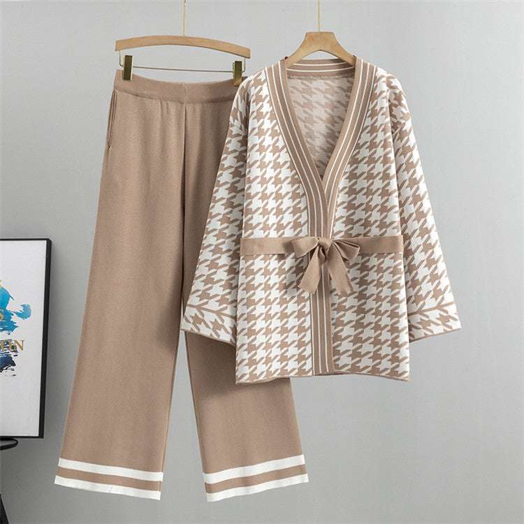 Khaki - Mid-length Knitted Cardigan Two Piece Set