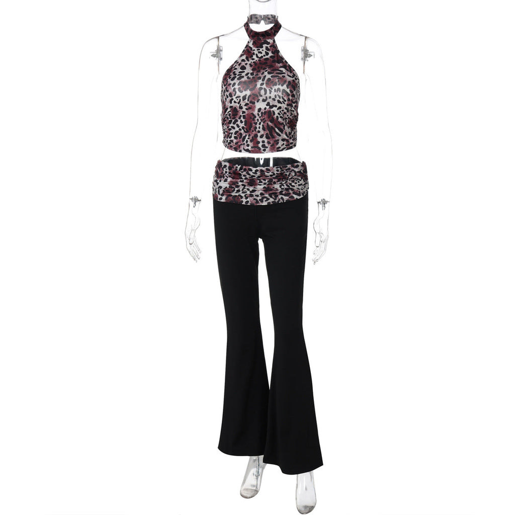 Clothing Summer Leopard Print Sleeveless Halter Vest Stitching Flared Pants Two Piece Set