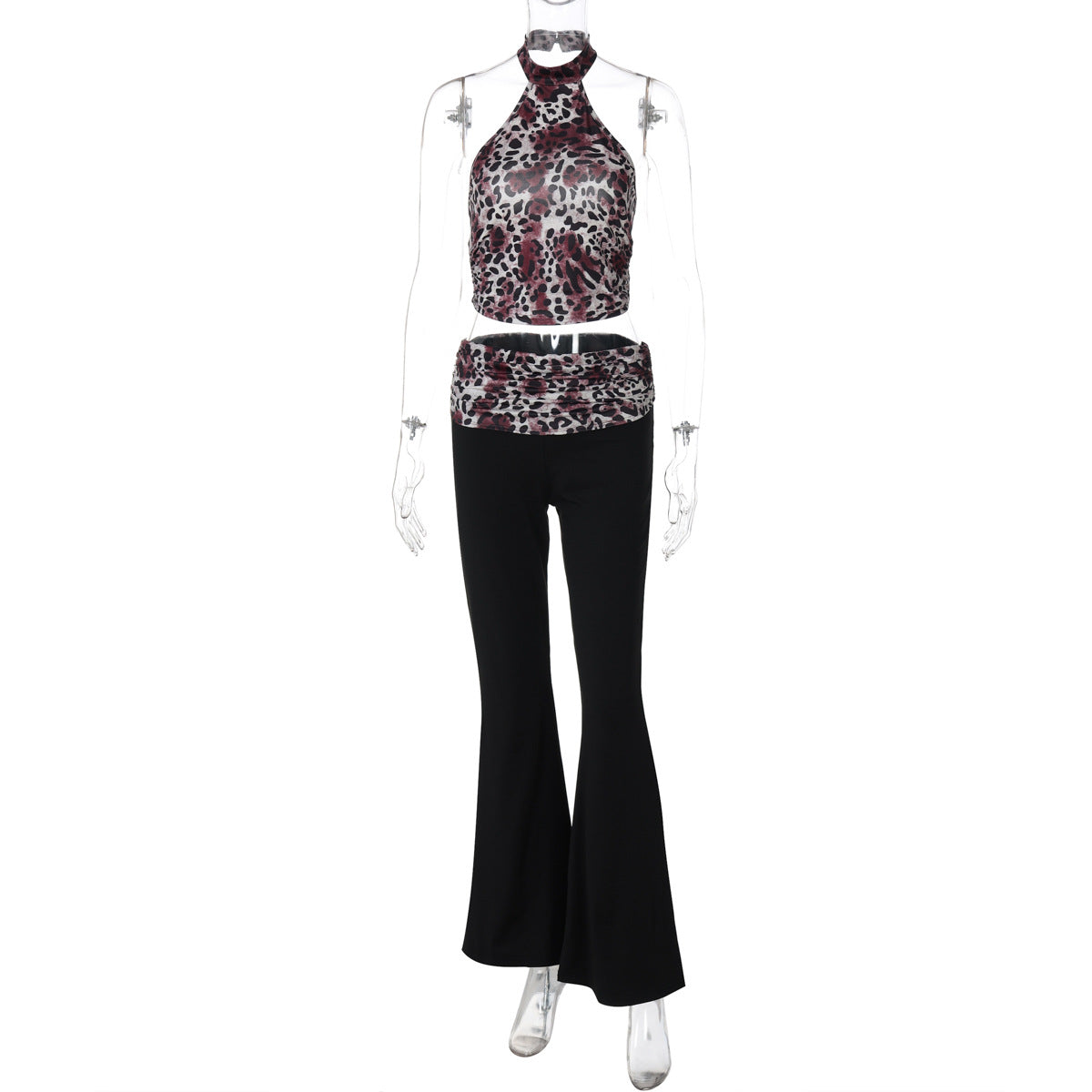 Clothing Summer Leopard Print Sleeveless Halter Vest Stitching Flared Pants Two Piece Set